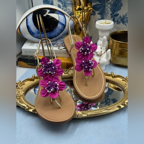 🆕 CHICO'S 🧿 NWOB Sunset Flower Sandal, Pink Hand Beaded Flower Detail - Sz 9US - Picture 5 of 12